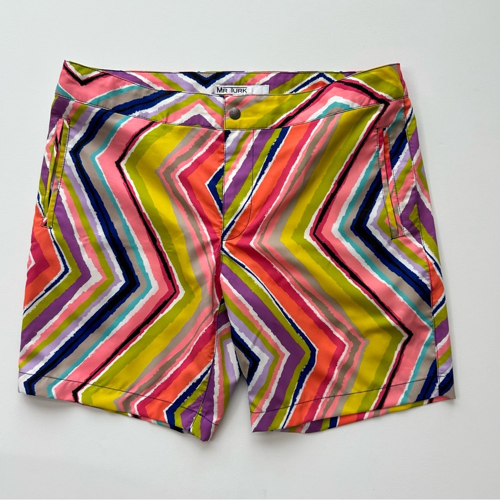 Trina Turks Mr. Turk Stripe Swim Trunks Shorts 33 Multi Color Pink Orange Purple